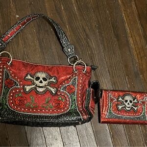 Edgy Red Skull and Roses Shoulder Bag Set